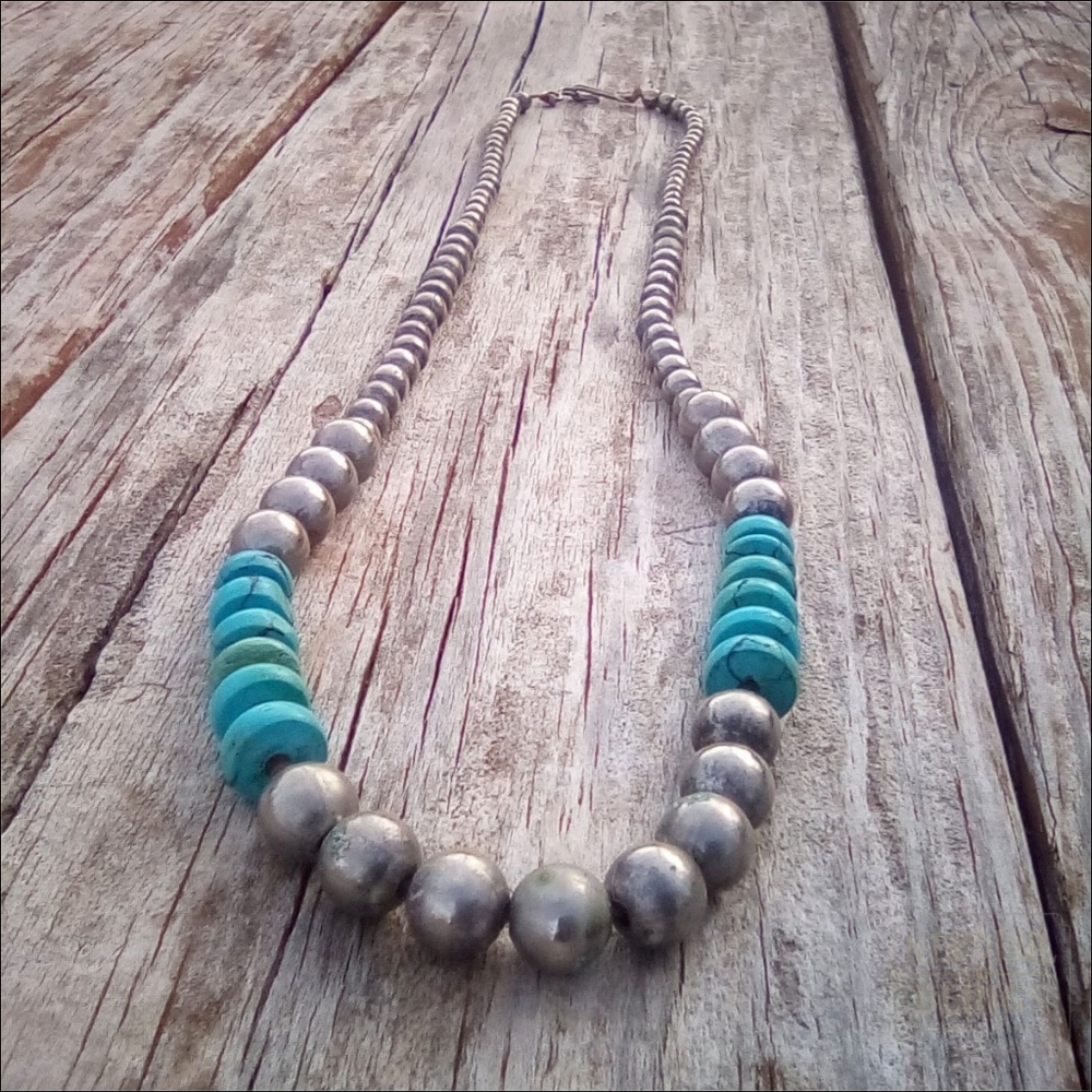 Vintage Hematite & Turquoise Bead Necklace Long 25.5"
